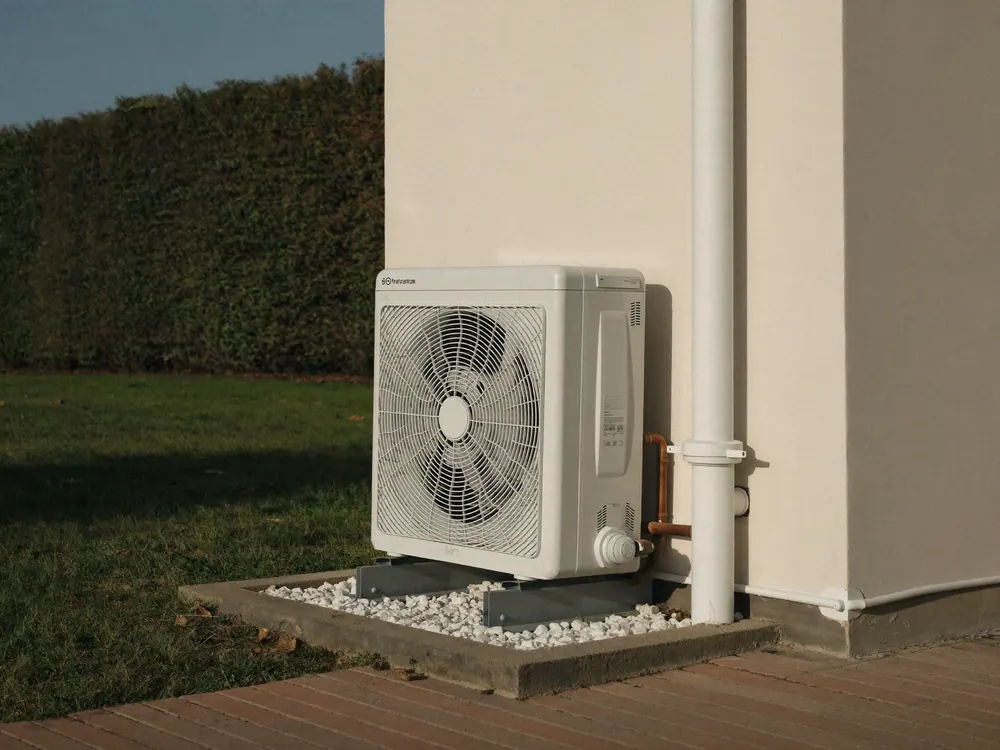Unité extérieure de pompe à chaleur posée sur consoles contre le mur d'une maison, raccords cuivre protégés.